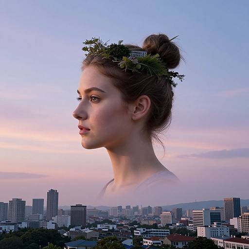 Digital artwork of a serene young woman with a leafy crown, set against a twilight cityscape. Her profile faces left, sky and skyscrapers