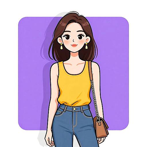 Stylish Woman in Mustard Blouse and Blue Jeans