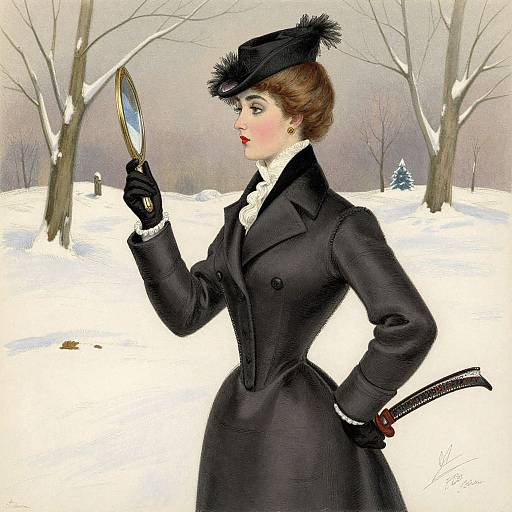 Vintage illustration: Elegant woman in black Victorian coat and hat, holding a compact, standing in snowy forest, hand on hip, sheath on belt.