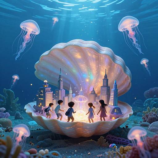 Digital artwork: Silhouetted children in a glowing cityscape inside a giant, shell-like structure, surrounded by jellyfish and underwater coral in a