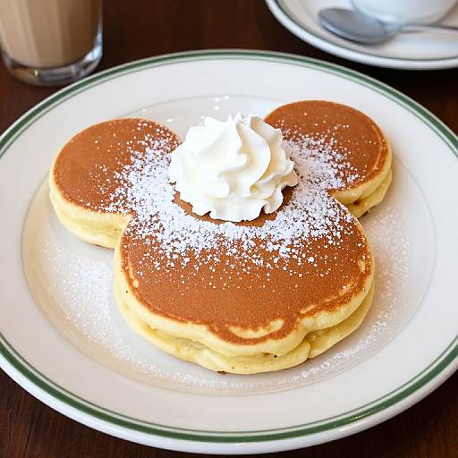 Photograph of three golden-brown pancakes with a dollop of whipped cream and powdered sugar on a white plate with green rim.