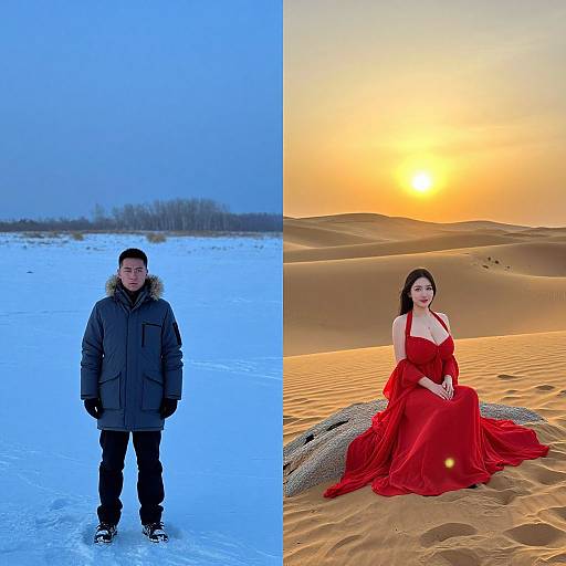 Split photograph: left, man in dark winter coat standing in snowy landscape; right, woman in red dress seated in desert at sunset.
