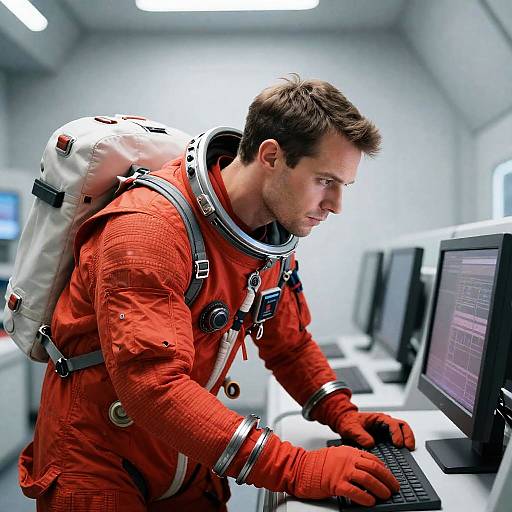 Focused Astronaut in Futuristic Control Room