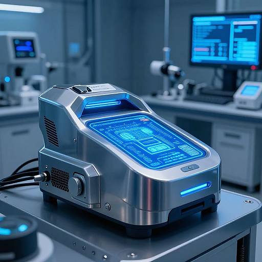 Photograph of a futuristic, metallic, blue-lit control device with digital interface, set on a lab bench in a high-tech laboratory.
