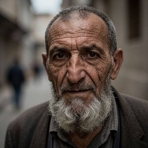 Close-up photograph of an elderly man with wrinkled skin, grey beard, and short grey hair, wearing a dark brown jacket, standing in a blurred