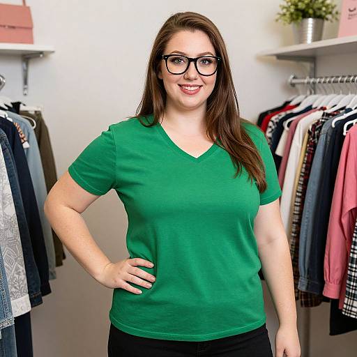 Photograph of a smiling, fair-skinned woman with long brown hair, black-rimmed glasses, and green V-neck T-shirt, standing in