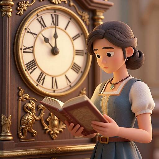 CGI image of a young girl with fair skin and dark hair in a blue dress, reading a book in front of an ornate, gold-tr