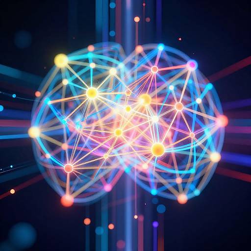 Digital artwork of interconnected, glowing spheres in blue, yellow, and red, set against a dark, starry background with light flares.