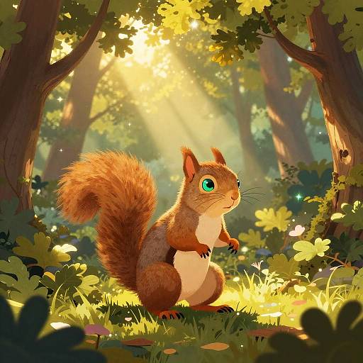Digital illustration of a cute, fluffy red squirrel with bright green eyes standing on its hind legs in a sunlit forest, surrounded by lush greenery and