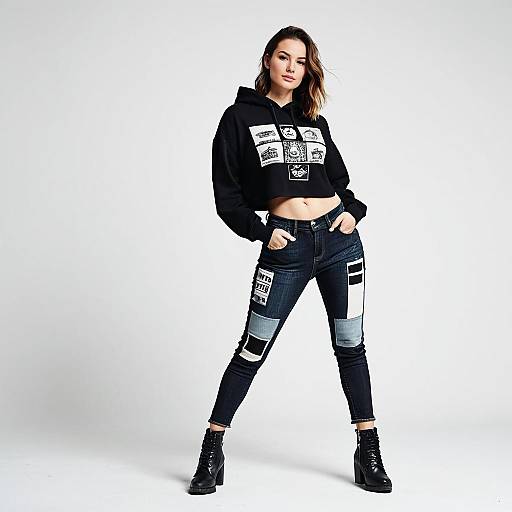 Stylish Woman in Cropped Hoodie and Patchwork Jeans