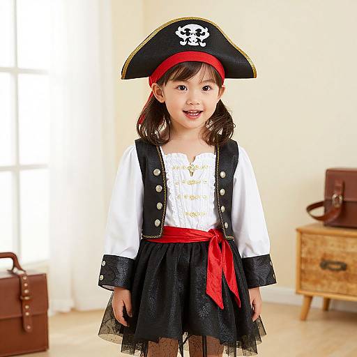 Photograph of a smiling young girl in a pirate costume with a black tricorn hat, white shirt, black vest, red sash, and black