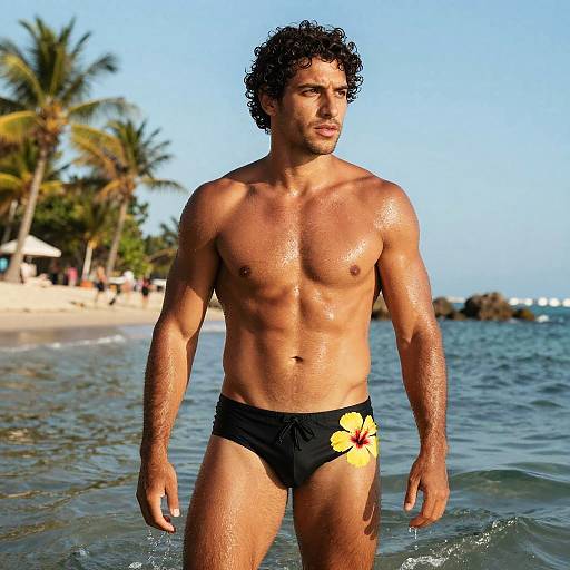 Photograph of a muscular, curly-haired, tan-skinned man in black swim briefs with a yellow flower, standing in shallow ocean water, palm