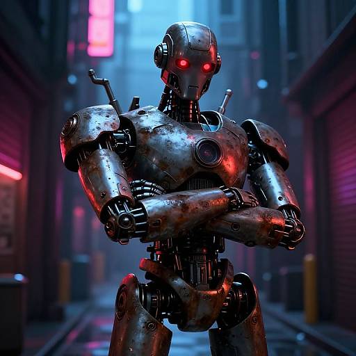 Grouchy Rusty Robot in Cyberpunk Alley