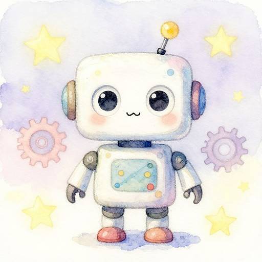 Cute watercolor drawing of a chubby, white, cartoon robot with large black eyes, a small smile, and an antenna. Background includes pastel
