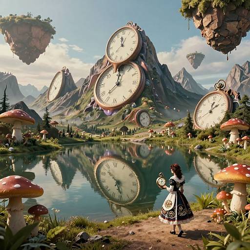 Fantastical digital painting: A girl in a Victorian dress stands by a reflective lake, surrounded by giant clocks and mushrooms, with floating islands in a