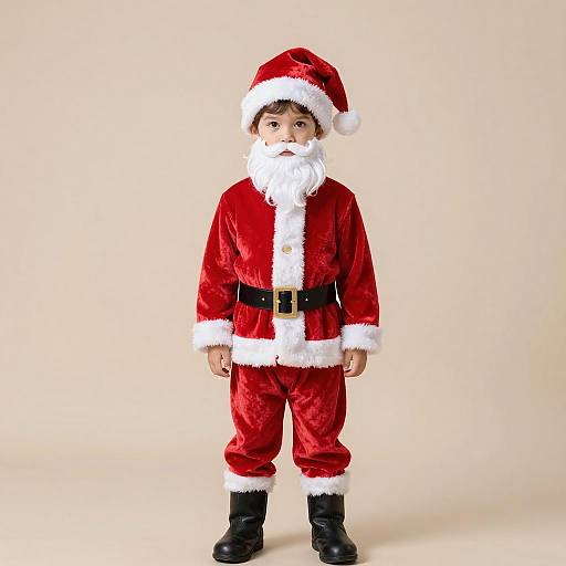 Photograph of a young boy dressed as Santa Claus, wearing a red velvet suit with white fur trim, black belt, and boots, against a plain