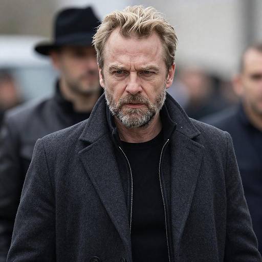 Middle-aged Man with Intense Expression in Dark Coat