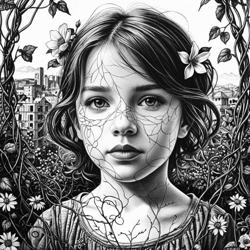 Black and White Surreal Child Portrait with Urban and Floral Elements