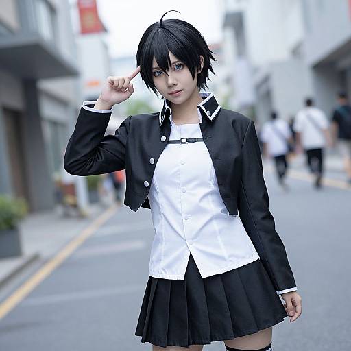 Photorealistic CGI of an anime-style girl with black hair, wearing a black and white school uniform, standing on a blurred urban street.
