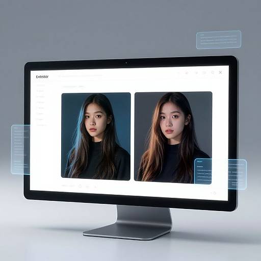 Photograph of a sleek, modern monitor displaying two identical portraits of a young Asian woman with long, straight brown hair, wearing a black top, against