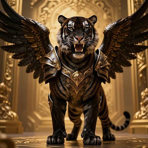 Digital artwork of a fierce, black-striped tiger with golden armor and black wings, standing in an ornate, glowing, golden temple.