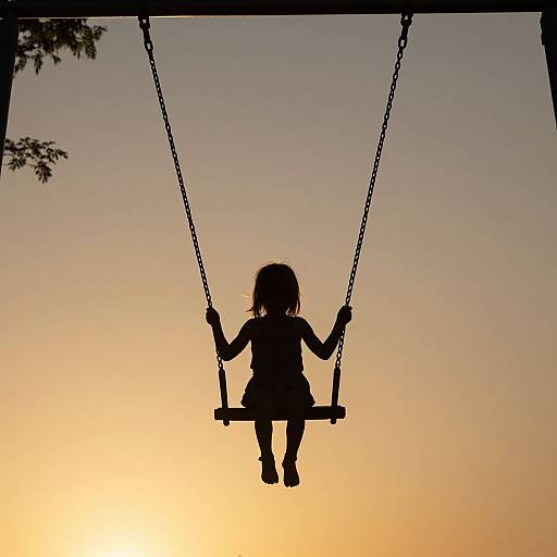 Silhouetted child on swing, backlit by a glowing sunset, holding chains against a gradient sky, with tree branches on the left. Photograph