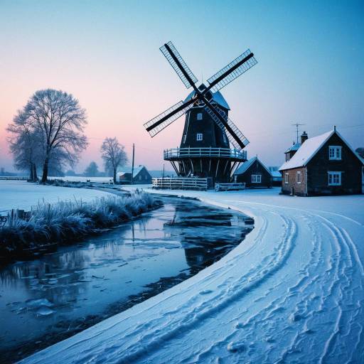 Icy Windmill in Snowy Village at Dusk Icy Windmill in Snowy Village at Dusk