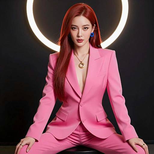 Confident Asian woman in pink suit with ring light