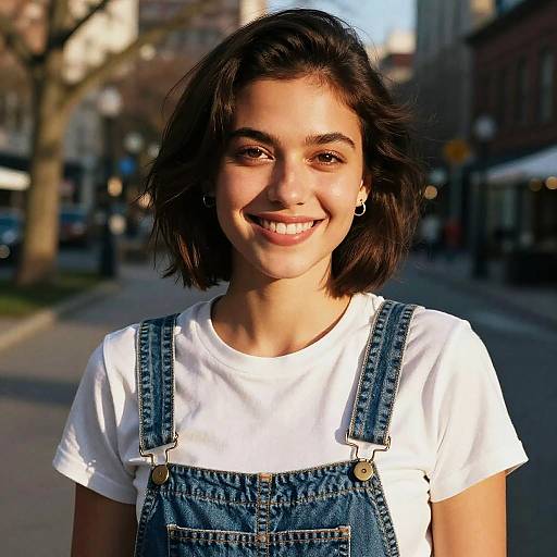 Photograph of a smiling young woman with short dark brown hair, wearing blue denim overalls over a white shirt, standing on a sunlit urban street