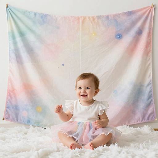 Photograph of a smiling baby girl in a white dress, sitting on white fluffy carpet, with a pastel rainbow backdrop.