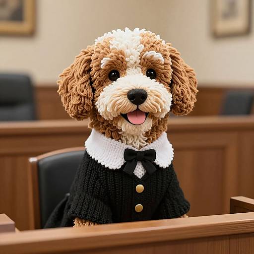 Photograph of a curly brown and white dog wearing a black knitted vest with white collar and bow tie, sitting in a wood-paneled courtroom with