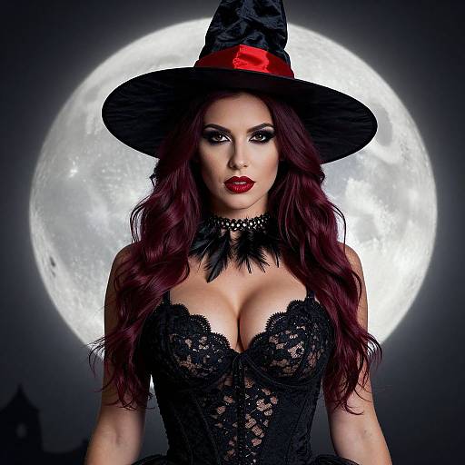Photograph of a striking woman with long red hair, wearing a black lace corset, feather choker, and witch hat with red band, against