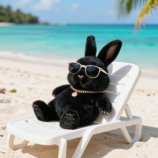 Cool Black Rabbit Lounging on Beach