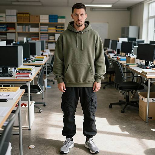 Photograph of a serious-looking man in an olive green hoodie, black cargo pants, and white sneakers standing in a sunlit, cluttered office with