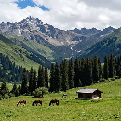 Photograph of a lush green meadow with grazing horses, a wooden cabin, and towering, snow-capped mountains under a partly cloudy sky.