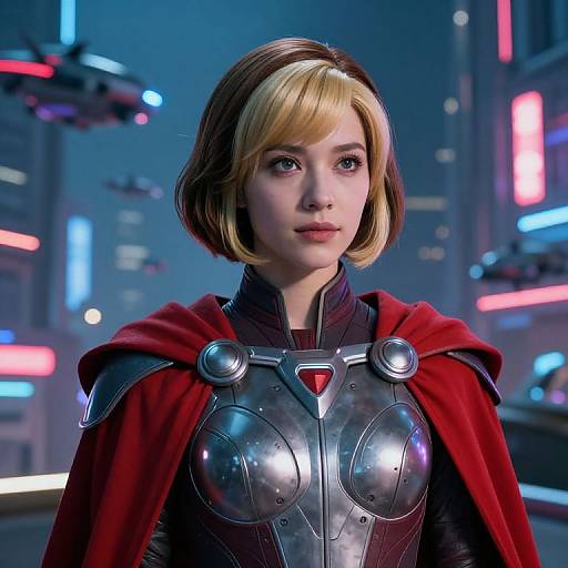 CGI image of a young woman with short blonde and brown hair, wearing metallic armor and a red cape, in a neon-lit futuristic cityscape