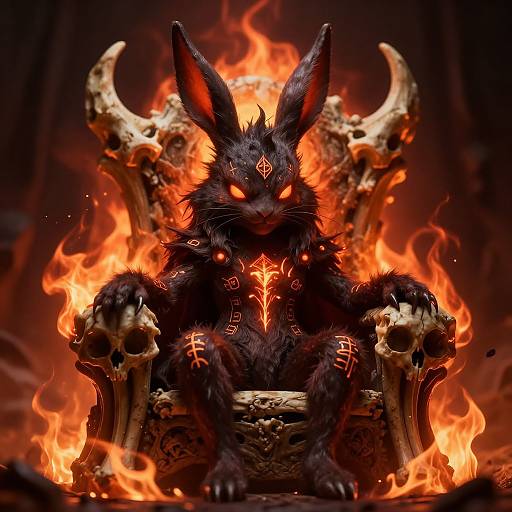 Digital artwork of a black, glowing-eyed, demonic rabbit with fiery orange eyes, sitting on a skull-adorned throne surrounded by flames.