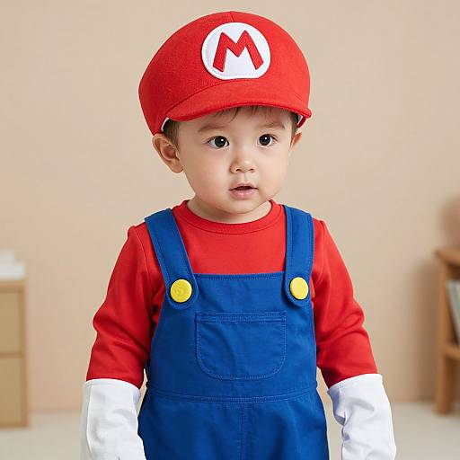 Photograph of a baby with fair skin, wearing a red Mario hat, red shirt, blue overalls, white gloves, standing indoors.