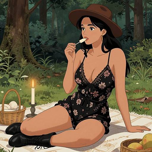 Digital anime-style drawing of a woman with long black hair, wearing a brown hat and black floral dress, sitting on a picnic blanket in a forest,
