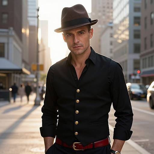 Photograph of a handsome, muscular man with light skin, dark brown eyes, wearing a black shirt, brown belt, brown hat, standing confidently in