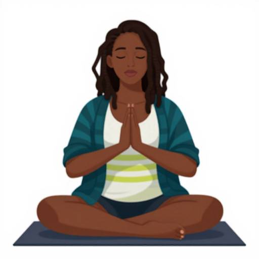 Digital illustration of a dark-skinned woman with dreadlocks, eyes closed, in a blue cardigan and white striped shirt, meditating in a lot