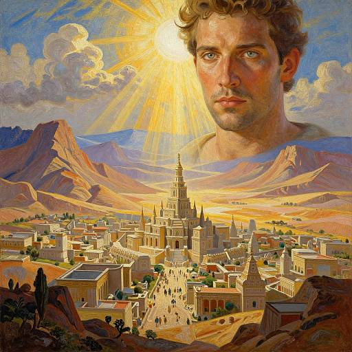 Digital painting of a sunlit desert city with a detailed cathedral, mountains, and a realistic, intense portrait of a man with curly hair in the sky