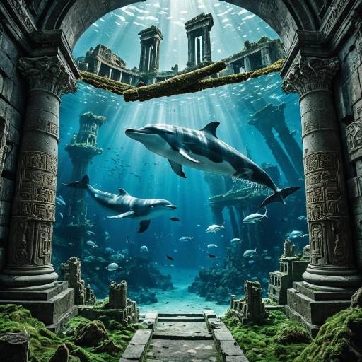 Mystical Dolphins Swimming in Underwater Ruins