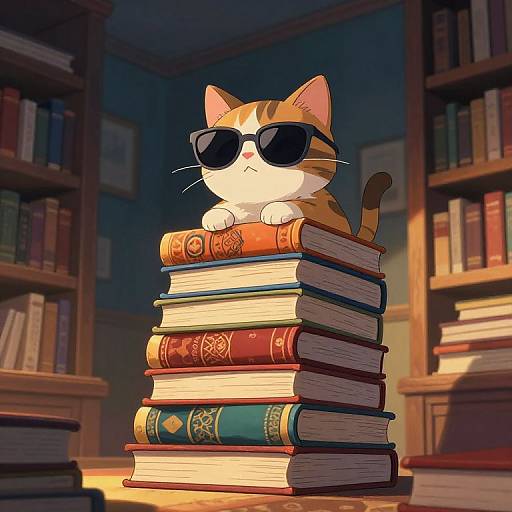 Cartoon cat wearing sunglasses perched on a stack of colorful, old books in a dimly lit library, surrounded by shelves.
