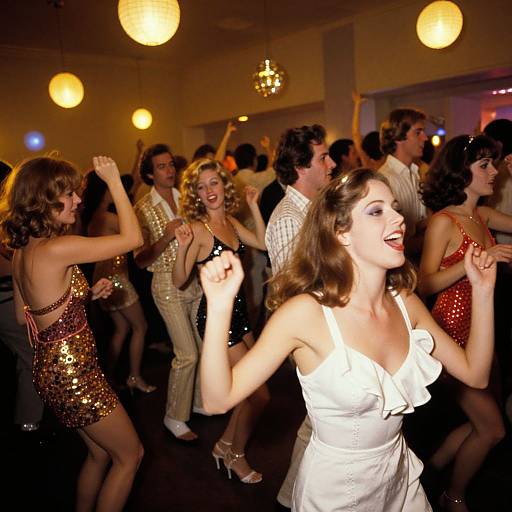 Photograph of a lively dance party with a diverse group of people, including a smiling woman in a white dress, dancing energetically under warm,