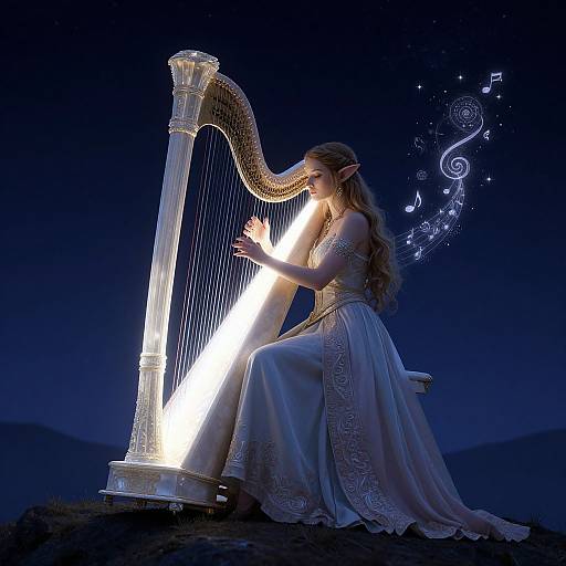 Elegant elven woman in a white, lace-trimmed gown plays a glowing, ornate harp against a dark, musical note-filled night