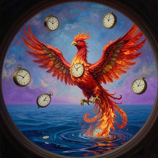 Digital art: A vibrant, fiery red phoenix with outstretched wings, mid-flight over blue ocean, surrounded by floating clocks, viewed through a circular