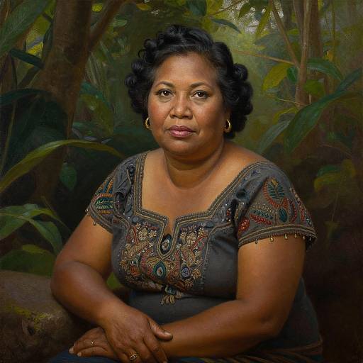 Photograph of a middle-aged Black woman with short curly hair, wearing an embroidered dark dress, sitting in a lush jungle background.