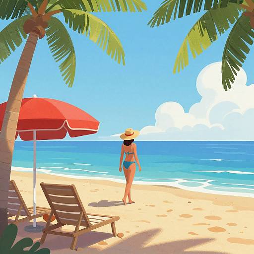 Digital illustration of a sunny beach: woman in blue bikini and straw hat walks away from red umbrella and wooden lounge chairs, palm trees framing bright blue sky
