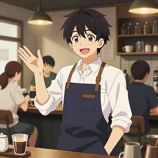 Cheerful Barista in Modern Anime Cafe